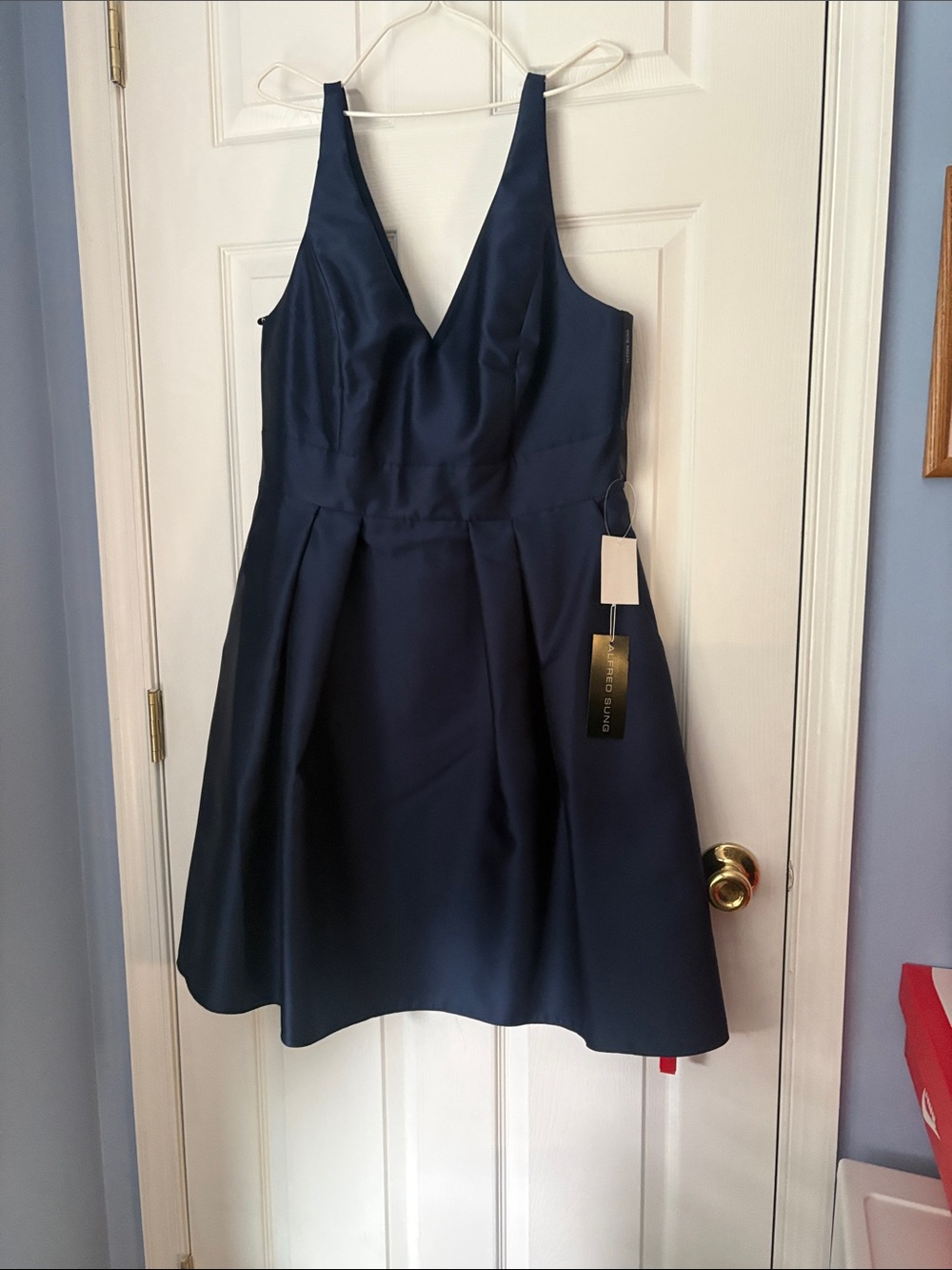 ALFRED SUNG Navy Satin V-Neck Dress